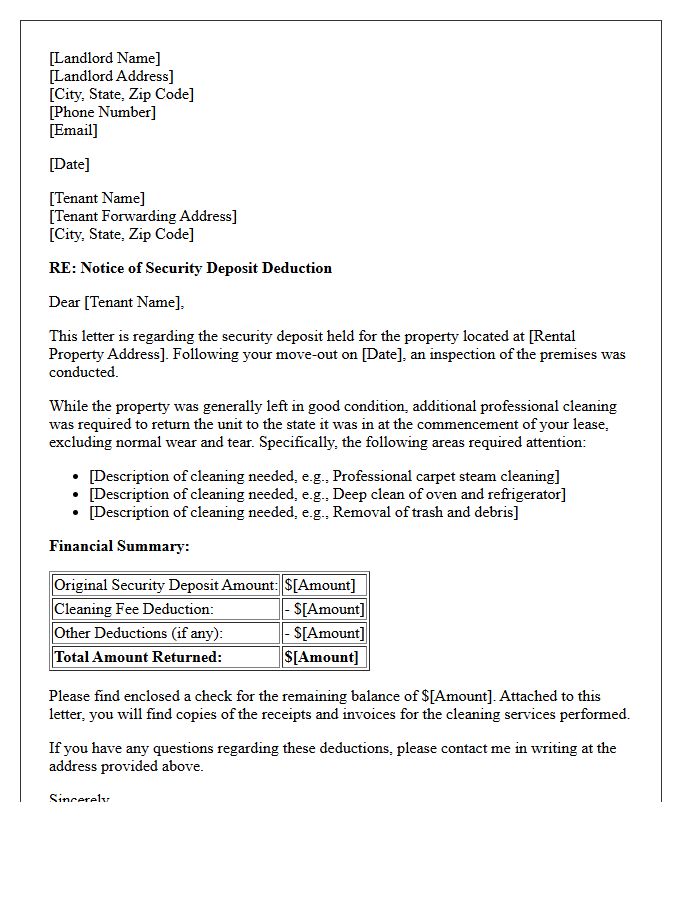 Cleaning Fee Security Deposit Deduction Letter