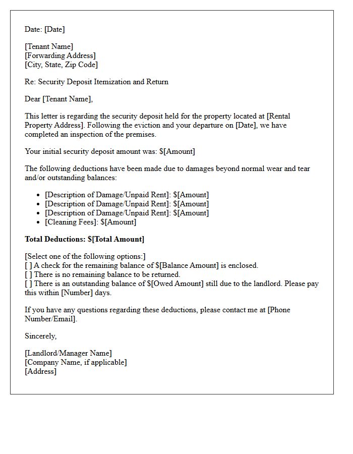 Eviction Damage Security Deposit Deduction Letter