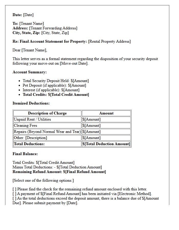 Final Account Statement And Deposit Deduction Letter