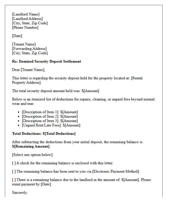 Itemized Security Deposit Deduction Letter