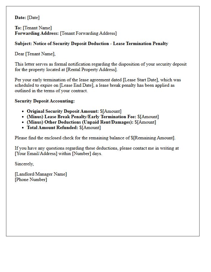 Lease Break Penalty Security Deposit Deduction Letter