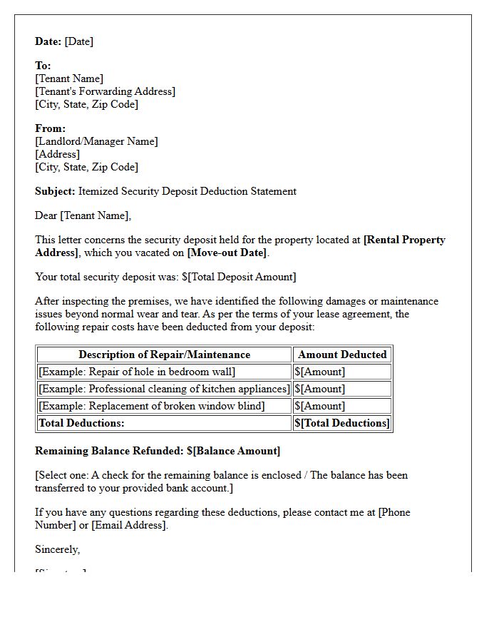 Maintenance Repair Security Deposit Deduction Letter
