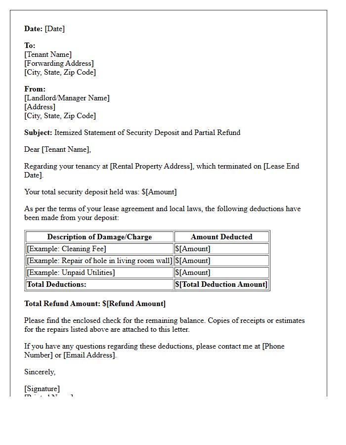 Partial Security Deposit Refund And Deduction Letter