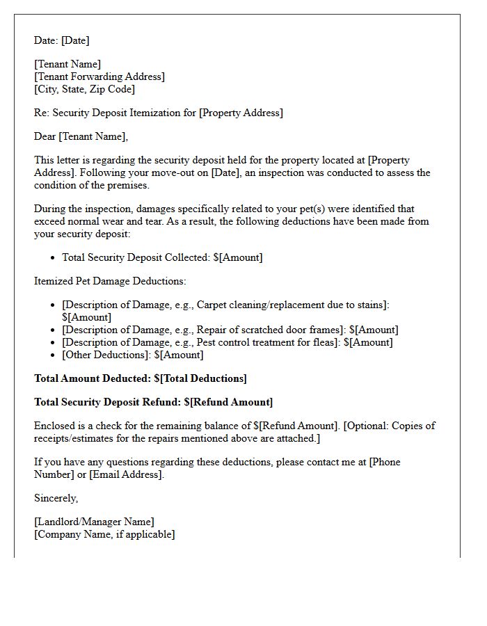 Pet Damage Security Deposit Deduction Letter