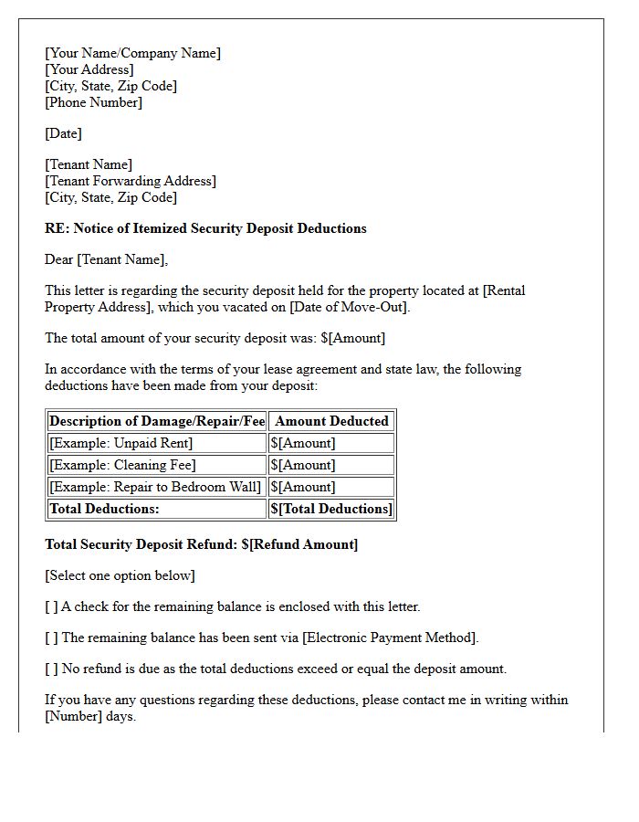 Standard Security Deposit Deduction Notice Letter
