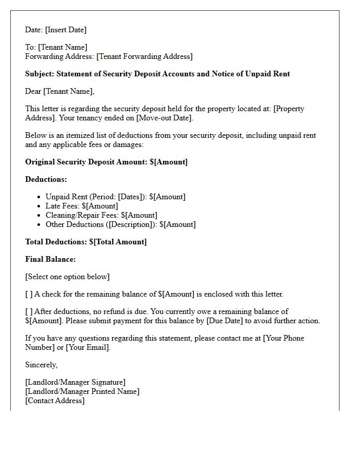 Unpaid Rent And Security Deposit Deduction Letter