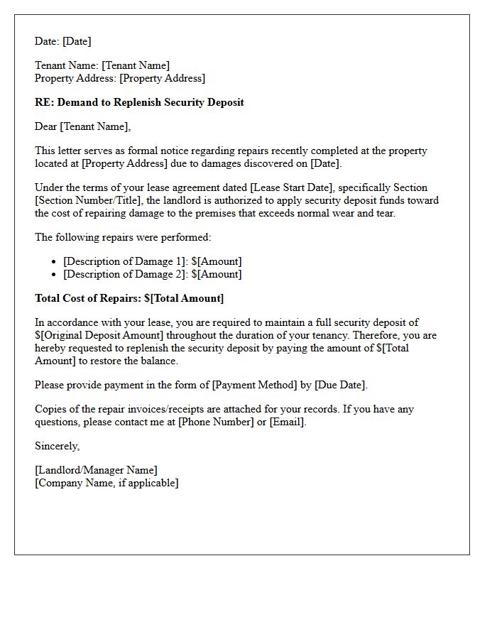 Demand to Replenish Security Deposit Due to Property Damage Letter