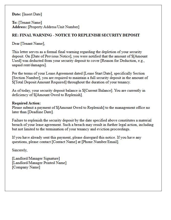 Final Warning Letter to Replenish Security Deposit Funds