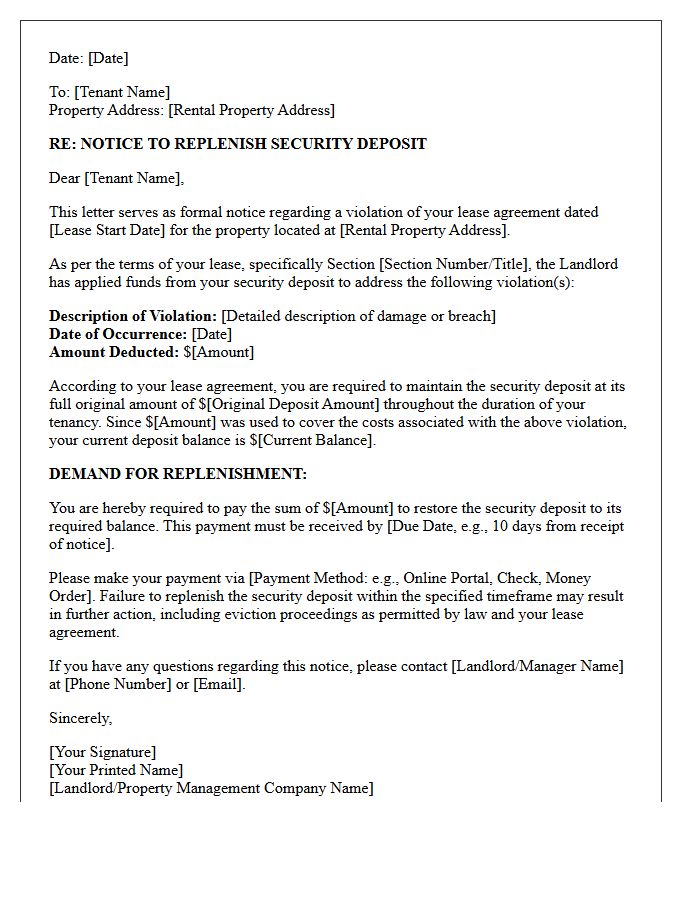 Lease Violation Security Deposit Replenishment Demand Letter