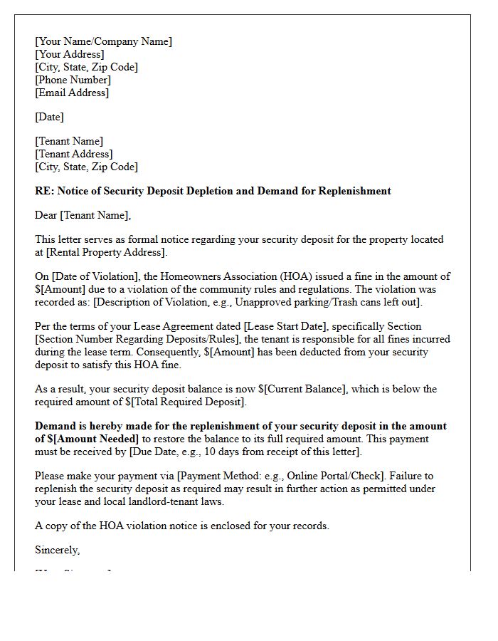 Letter Demanding Replenishment of Security Deposit After HOA Fines