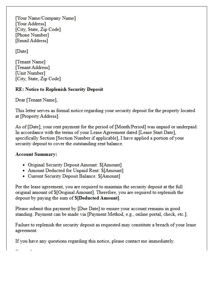 Letter to Replenish Security Deposit for Unpaid Rent Deduction