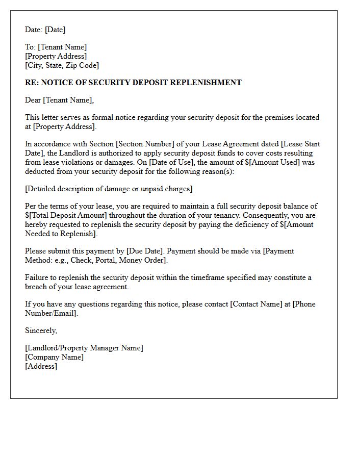 Mid-Lease Security Deposit Replenishment Demand Letter