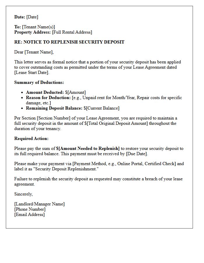 Notice and Letter to Replenish Depleted Security Deposit
