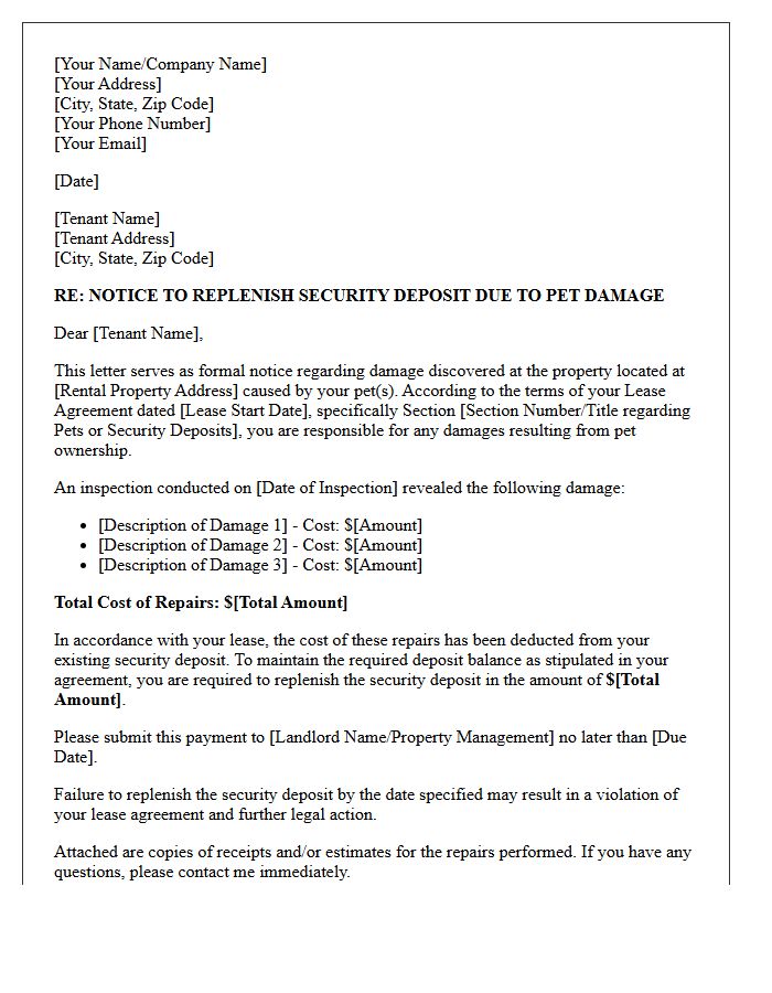 Pet Damage Security Deposit Replenishment Demand Letter