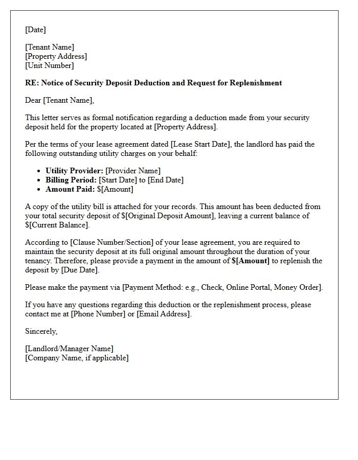 Security Deposit Replenishment Letter Following Utility Bill Deduction