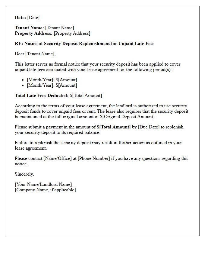 Security Deposit Replenishment Letter for Unpaid Late Fees