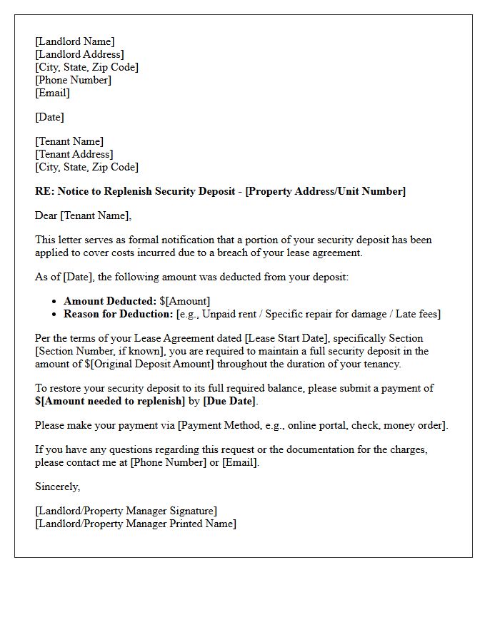 Standard Security Deposit Replenishment Request Letter