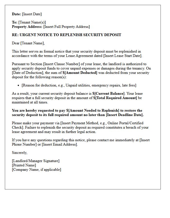 Urgent Letter Demanding Security Deposit Replenishment
