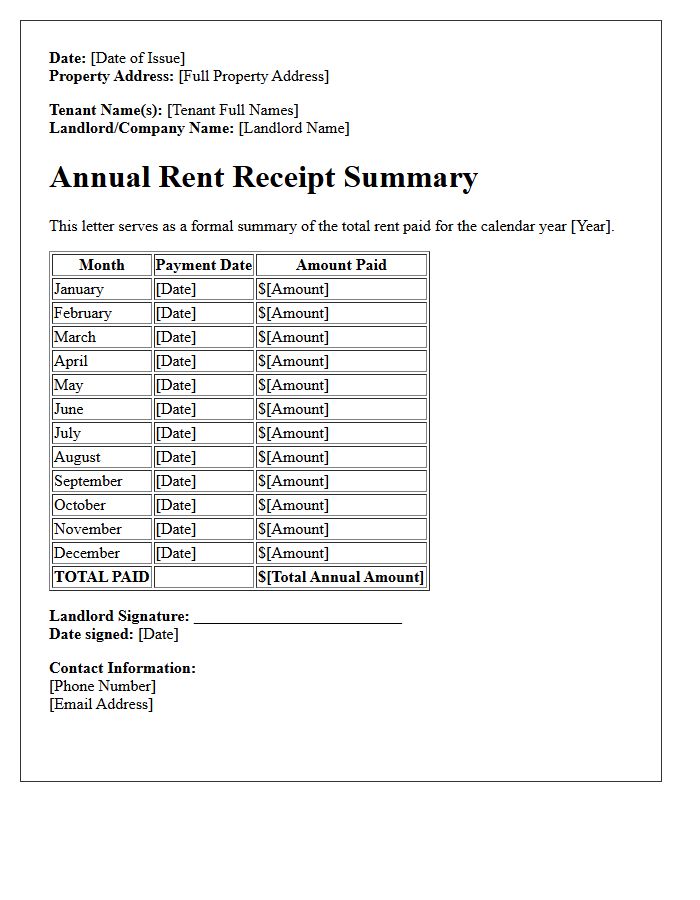 Annual Rent Receipt Summary Letter