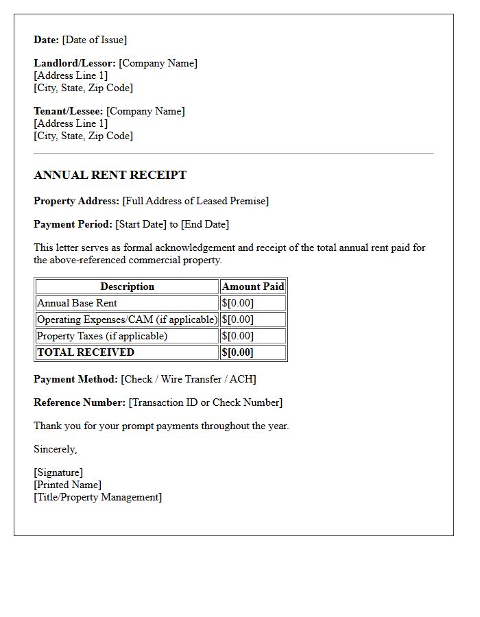 Commercial Lease Annual Rent Receipt Letter