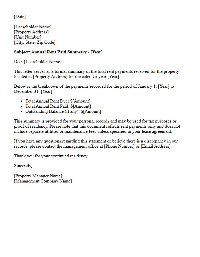 Leaseholder Annual Rent Paid Summary Letter