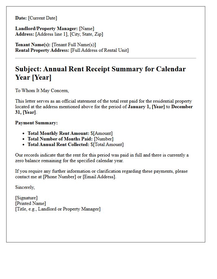 Official Annual Rent Receipt Summary Letter