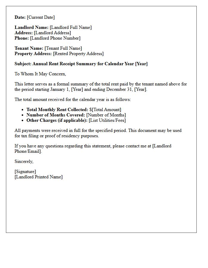 Previous Year Rent Receipt Summary Letter