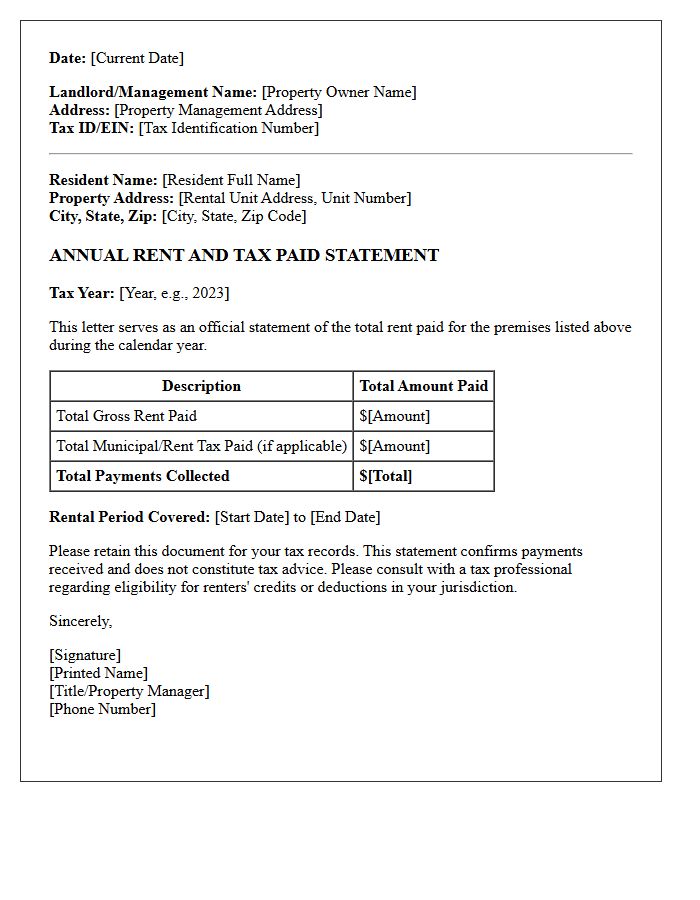 Resident Annual Rent Tax Statement Letter