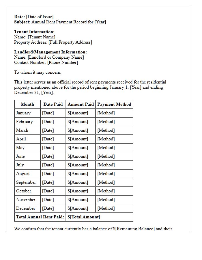 Residential Annual Rent Payment Record Letter