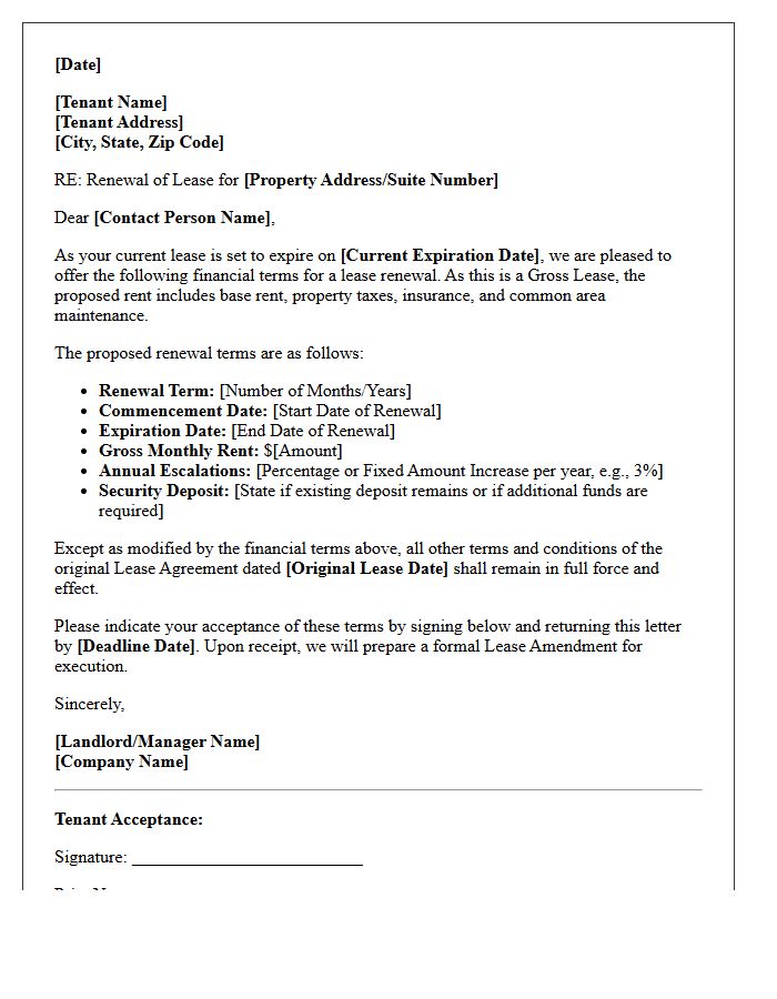 Commercial Gross Lease Renewal Financial Terms Letter