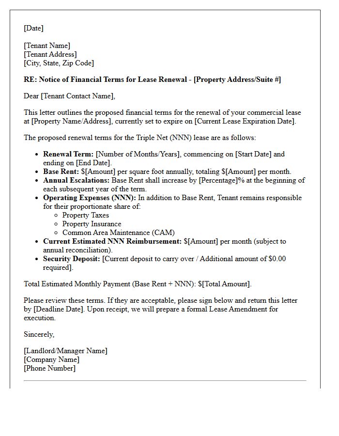 Commercial Triple Net Lease Renewal Financial Terms Letter