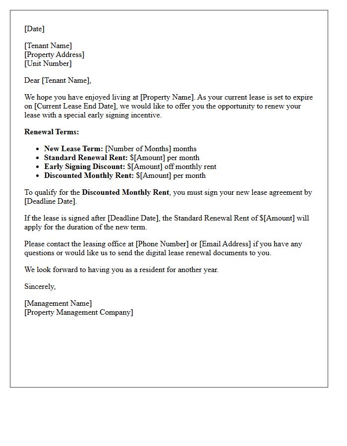 Early Signing Discount Lease Renewal Financial Terms Letter