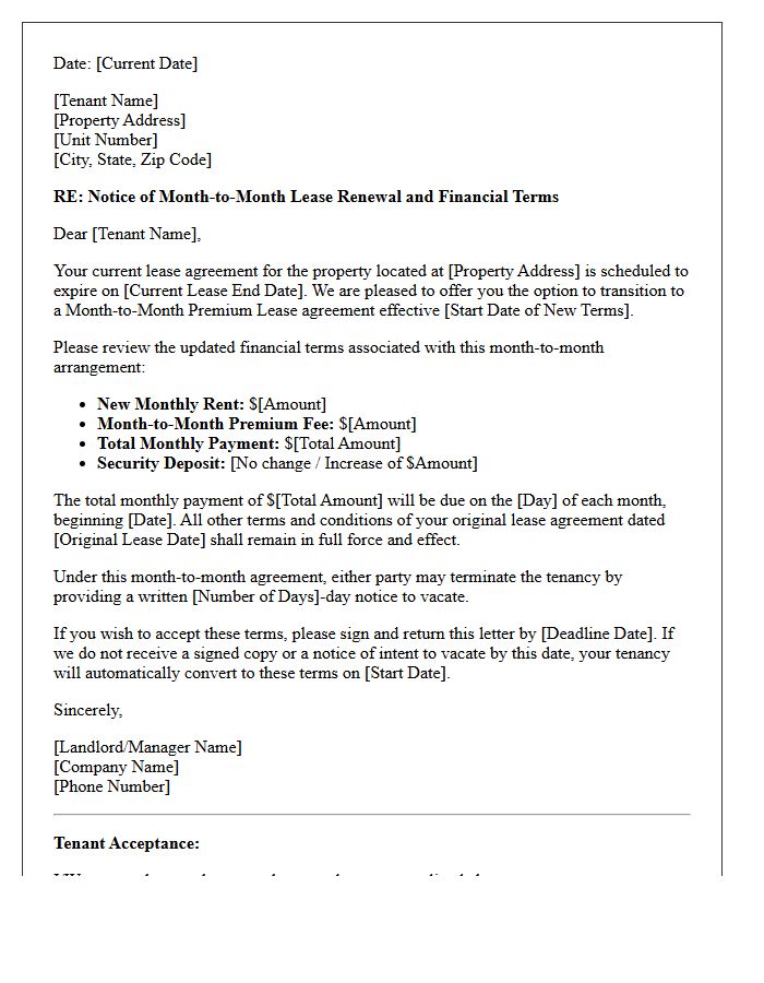 Month-to-Month Premium Lease Renewal Financial Terms Letter