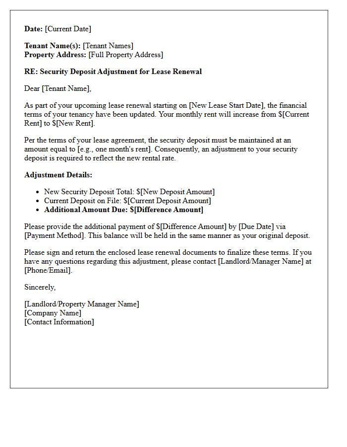 Security Deposit Adjustment Lease Renewal Financial Terms Letter