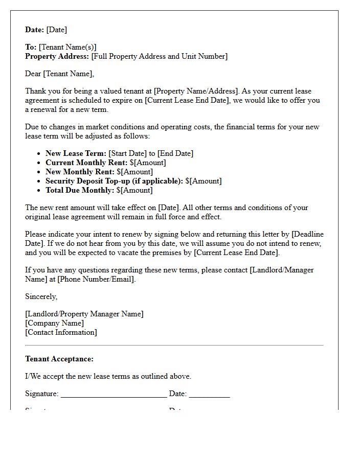 Standard Rent Increase Lease Renewal Financial Terms Letter
