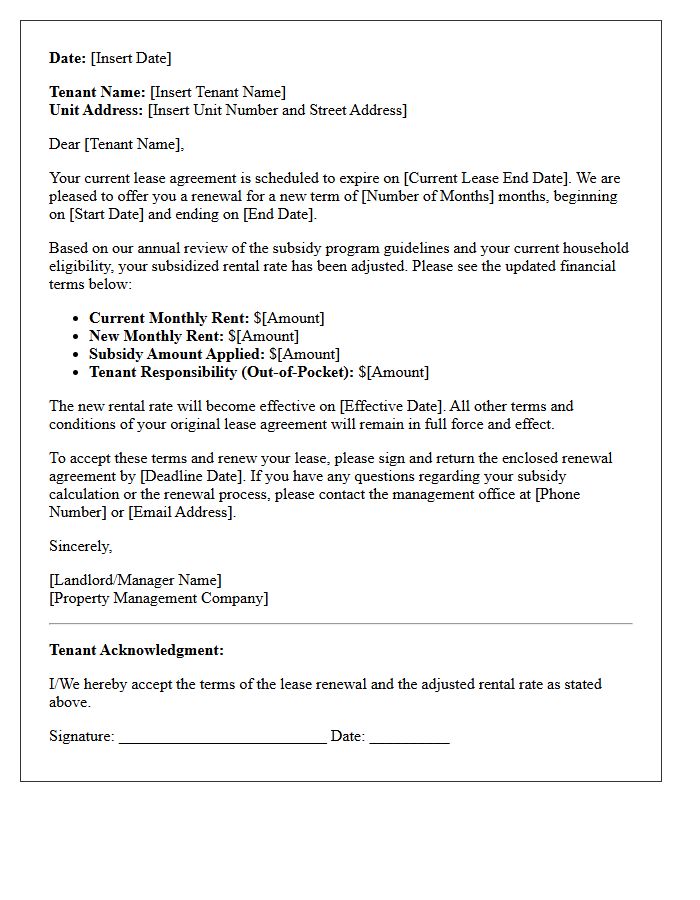 Subsidized Rate Adjustment Lease Renewal Financial Terms Letter