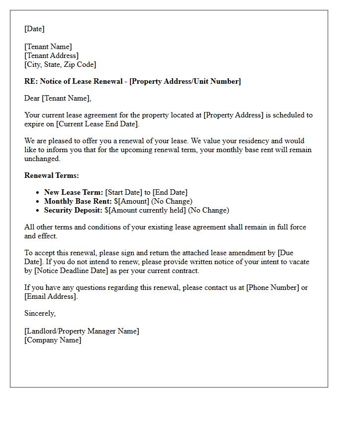 Unchanged Base Rent Lease Renewal Financial Terms Letter