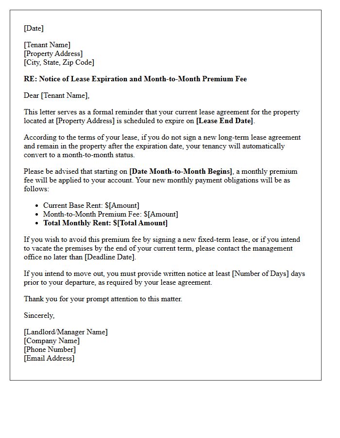 Lease Expiration and Month-to-Month Premium Fee Letter