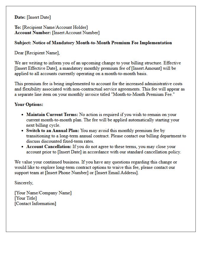 Mandatory Month-to-Month Premium Fee Implementation Letter