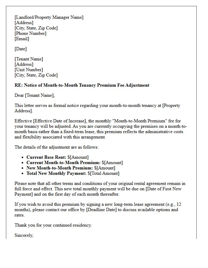 Month-to-Month Tenancy Premium Fee Adjustment Letter