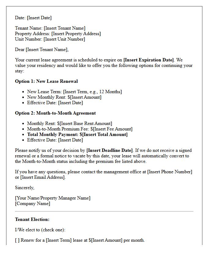 Renewal Option or Month-to-Month Premium Fee Letter