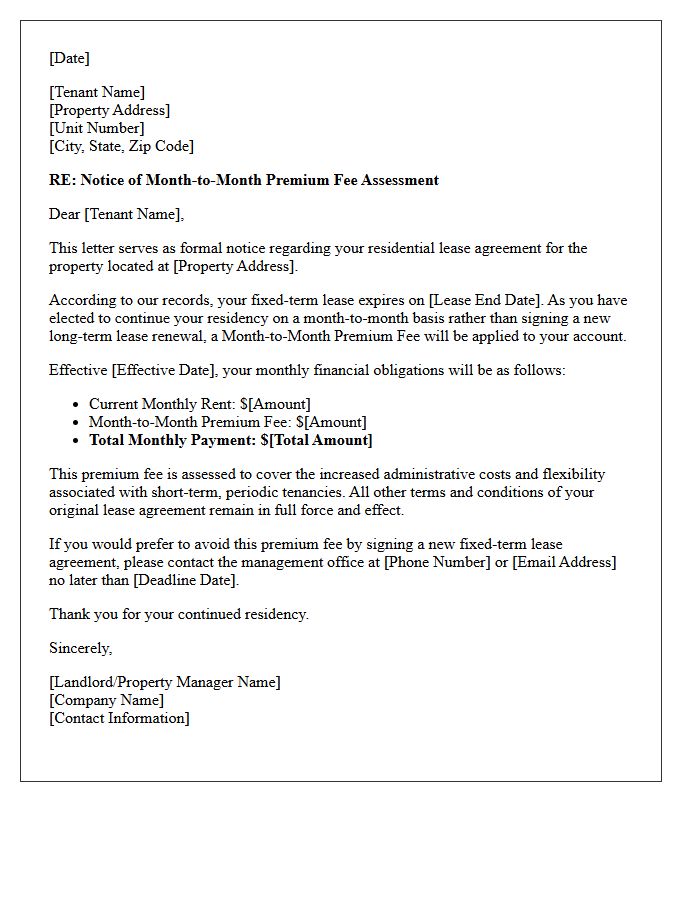 Residential Month-to-Month Premium Fee Assessment Letter