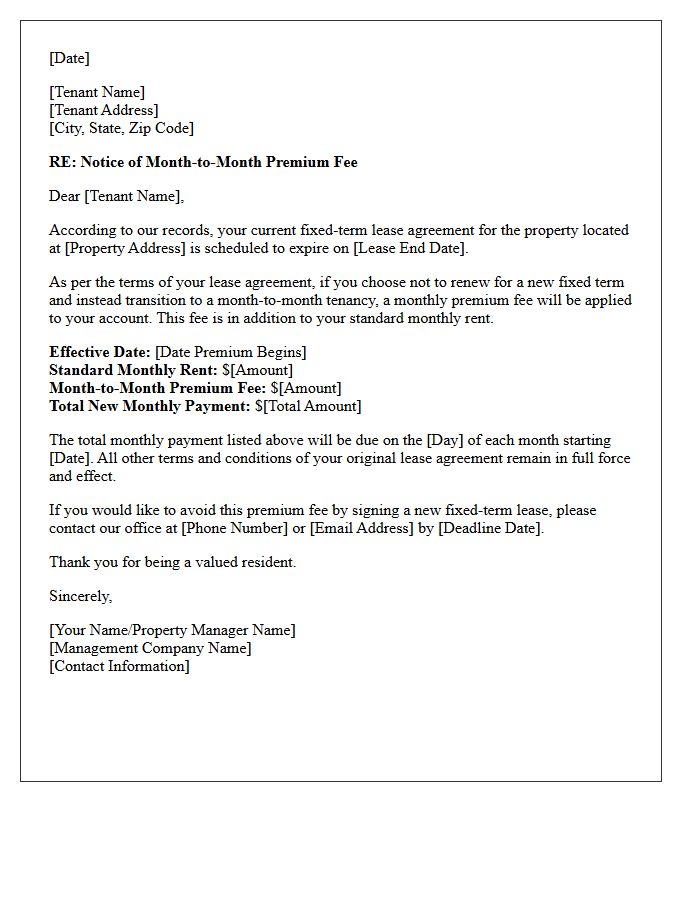 Standard Month-to-Month Premium Fee Notice Letter