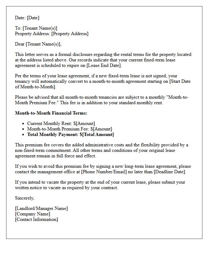 Tenant Month-to-Month Premium Fee Disclosure Letter