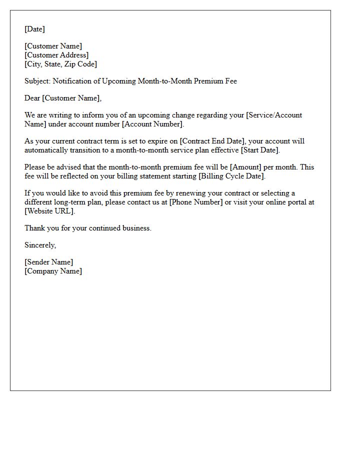 Upcoming Month-to-Month Premium Fee Notification Letter