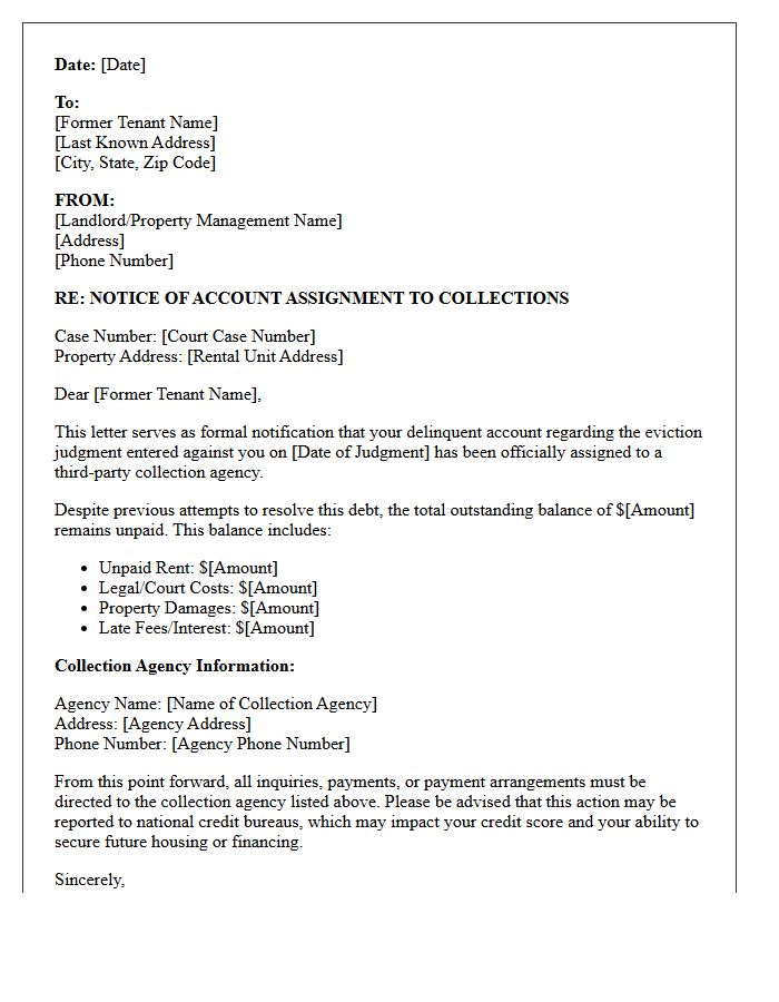 Eviction Judgment Notice Letter Of Account Sent To Collections