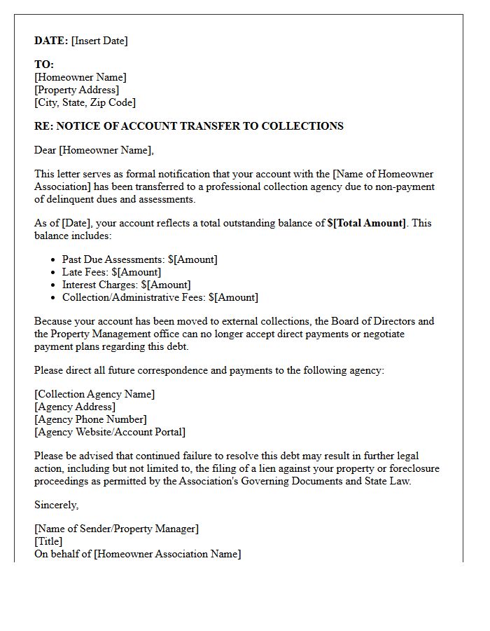 Homeowner Association Dues Notice Letter Of Account Sent To Collections