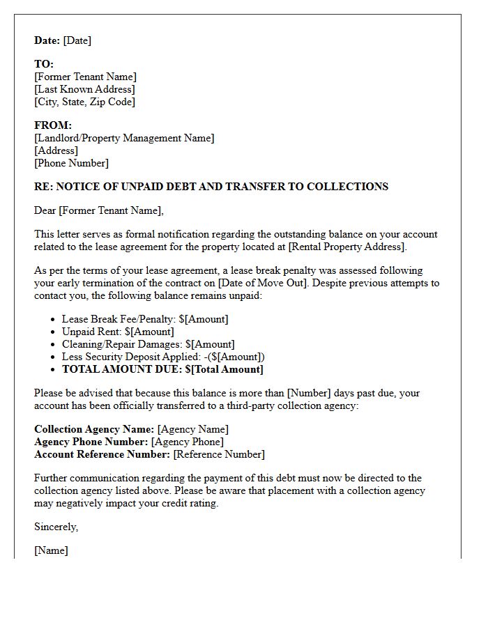 Lease Break Penalty Notice Letter Of Account Sent To Collections