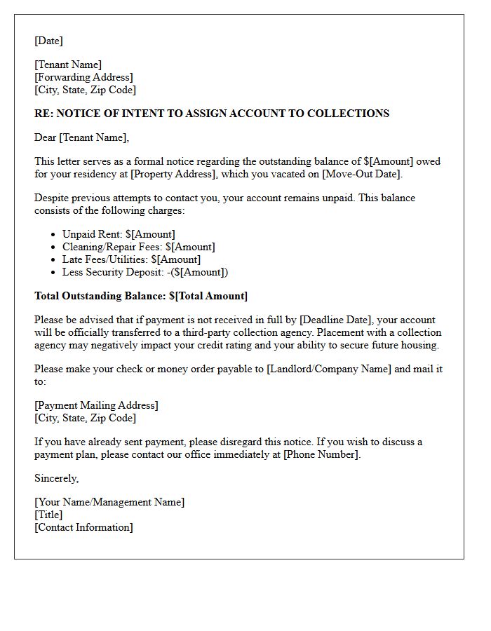 Move-Out Balance Notice Letter Of Account Sent To Collections