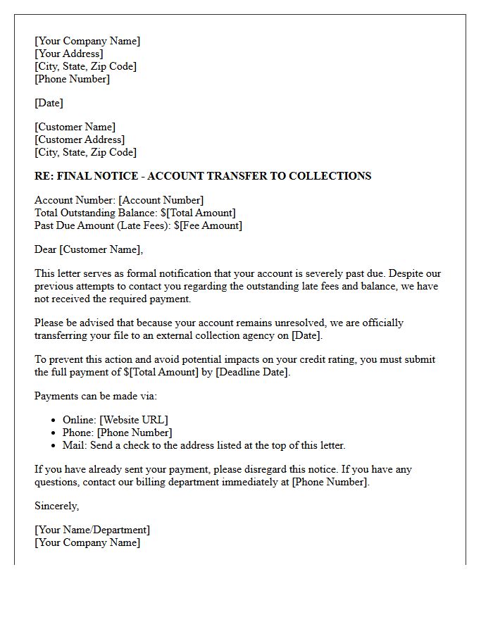 Outstanding Late Fees Notice Letter Of Account Sent To Collections
